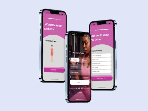 App Design Screens Includes login, Goal selection screen and Body type selection screen
