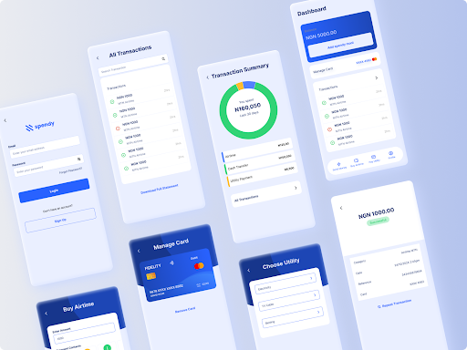 App Design Screens Includes login, dashboard, transaction history, summary, and other key user flows.
